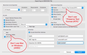 GEDCOM Export Options